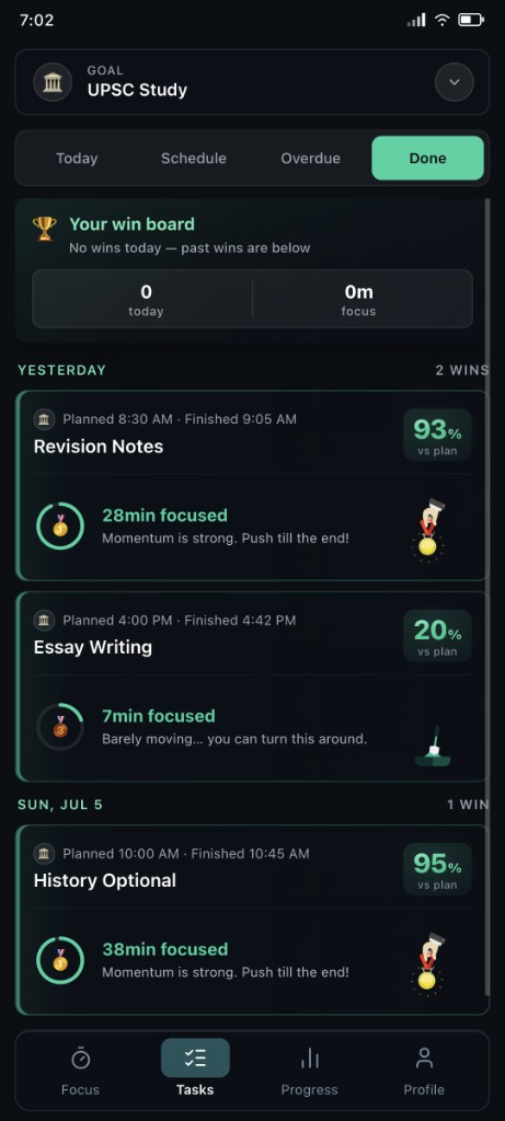 School study win board and daily streaks on the Done task board in Studybo